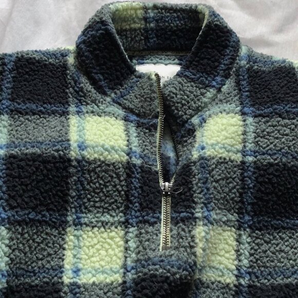🦋 American Eagle Blue Green Plaid Quarter Zip Teddy Sherpa Pullover Jacket 🦋 - Picture 4 of 5